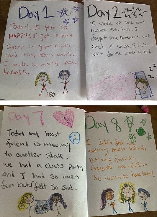 Four interior pages of the School Emotions Flip Book showing words and images about the student's experience at school
