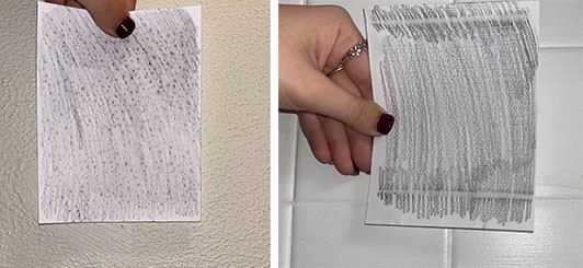 Two images, the first showing a paper with dotted patterns created by a textured wall surface, the second with lined patters created by tiles.
