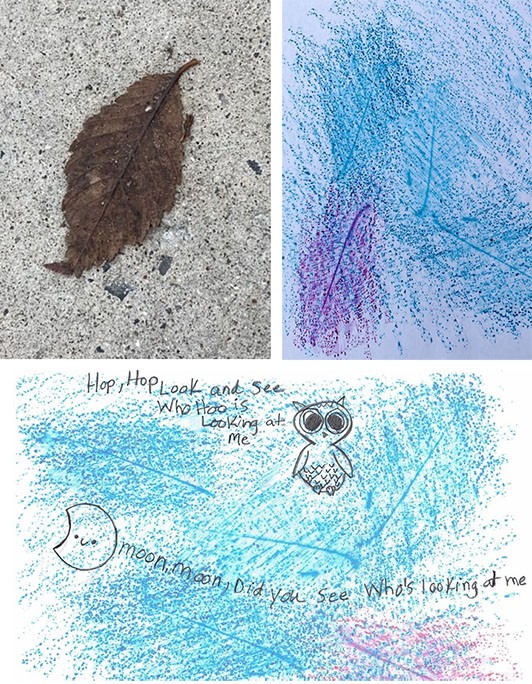 three images, the first showing a leaf on concrete, the second shows the rubbing of the leaf and the bumpy background texture, and the final shows a drawing of an owl with text over the textures.
