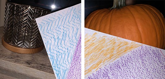 Two images, the first showing a candle holder with a zig-zag pattern alongside a paper with a similar blue pattern, the second image shows a pumpkin next to an orange textured paper. 