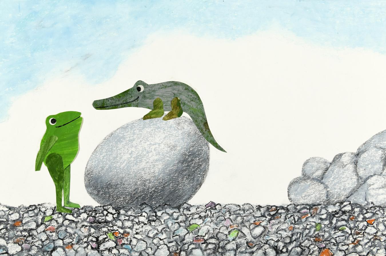 Illustration of frog and lizard with egg. 