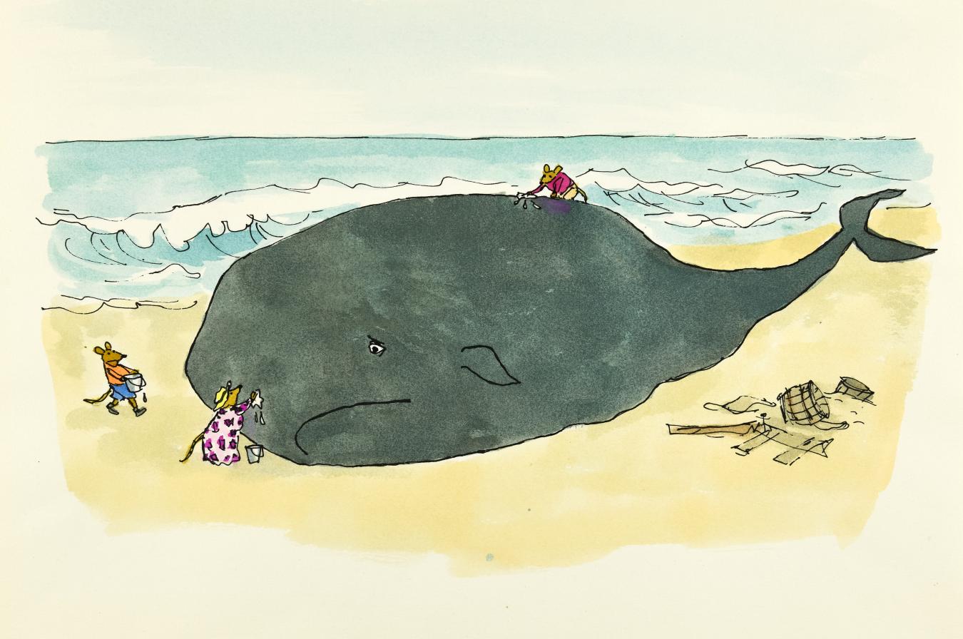 Illustration of beached whale being rescued by mice. 