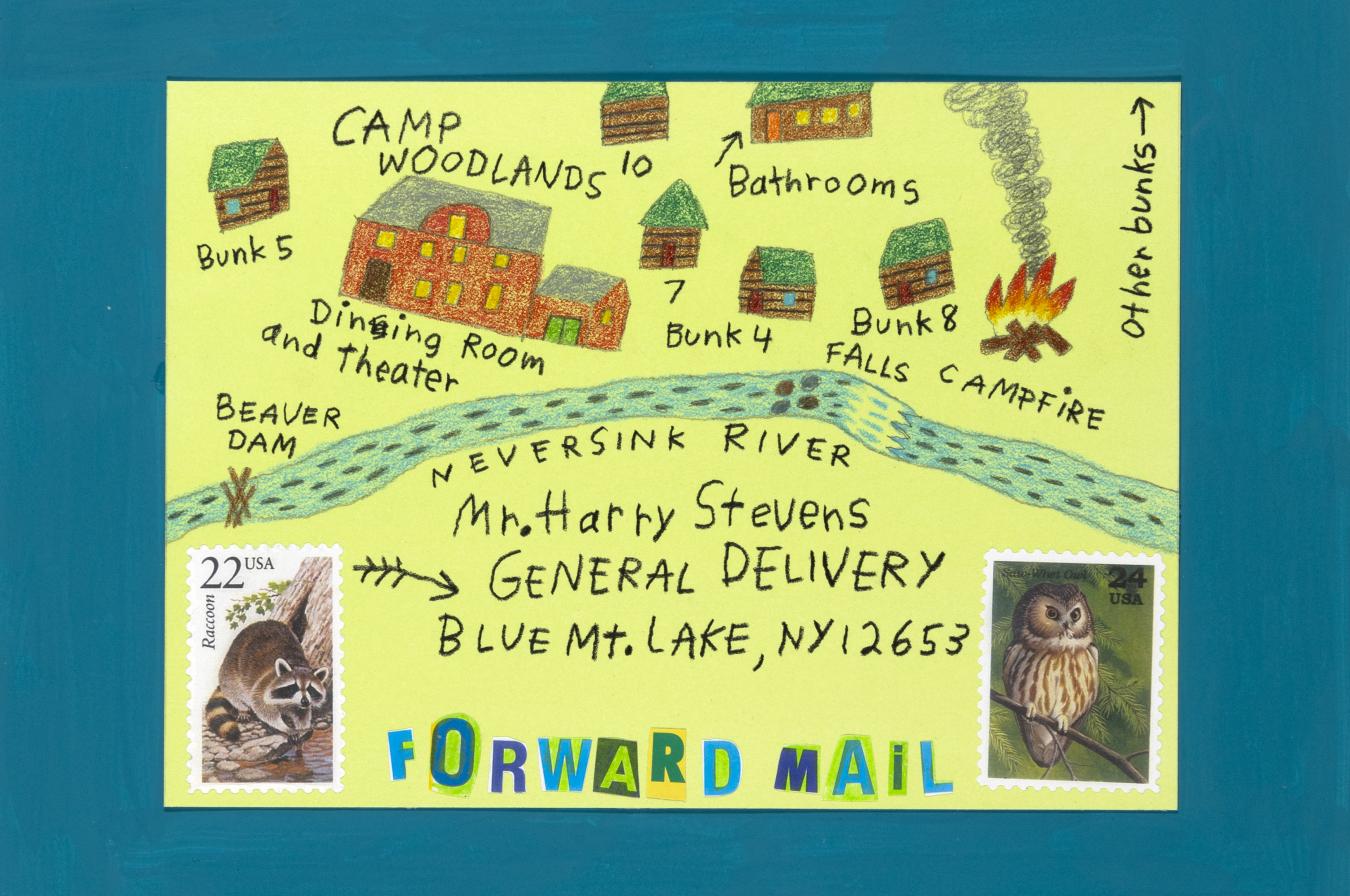 Illustration of postcard with camp buildings.