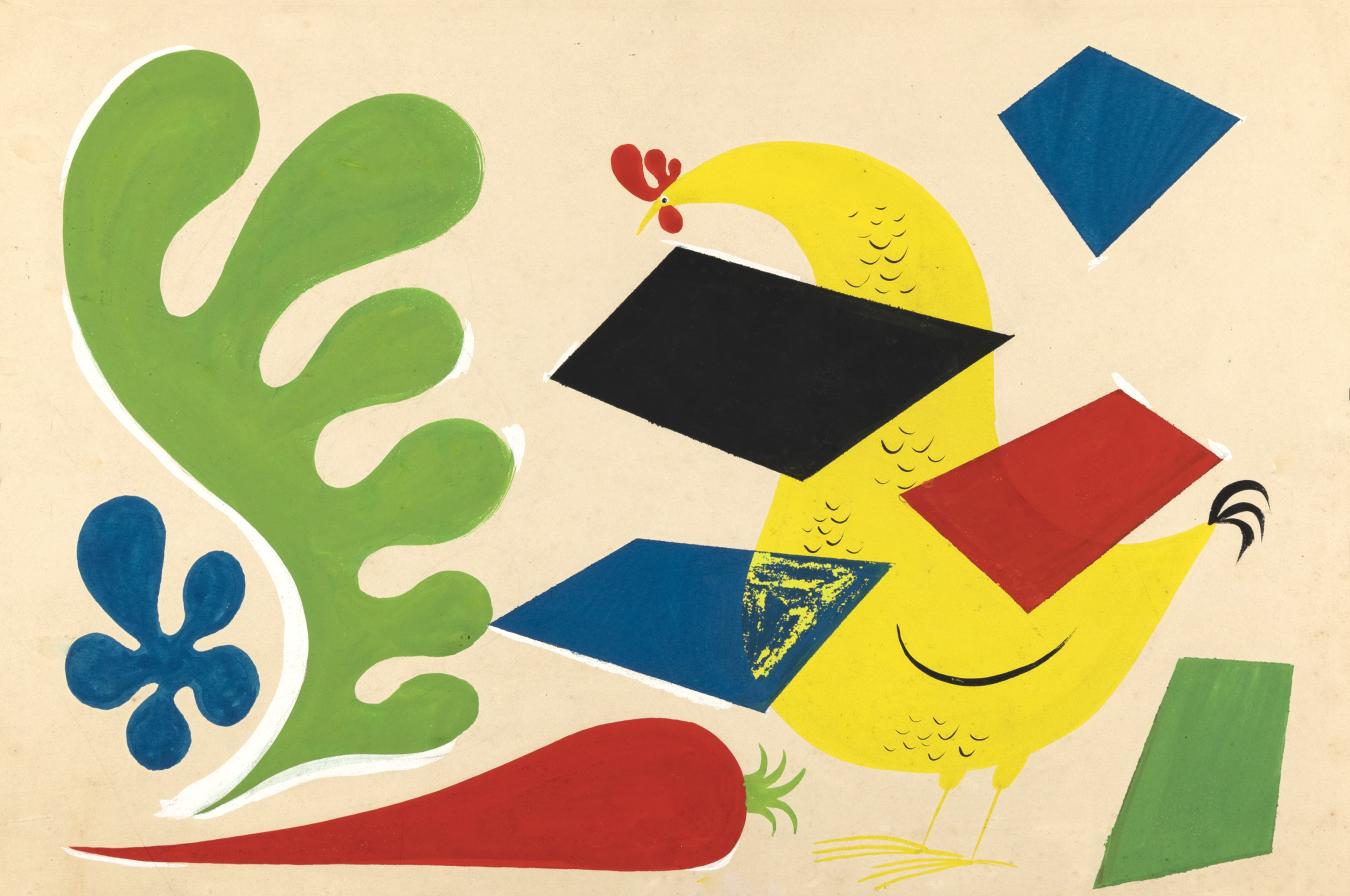 Illustration of abstract shapes and chicken.