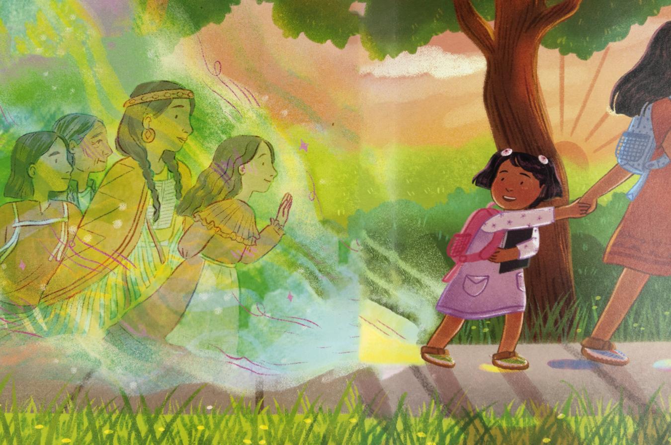 Girl walking with spirits behind