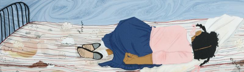 Illustration of girl sleeping on bed without blanket.