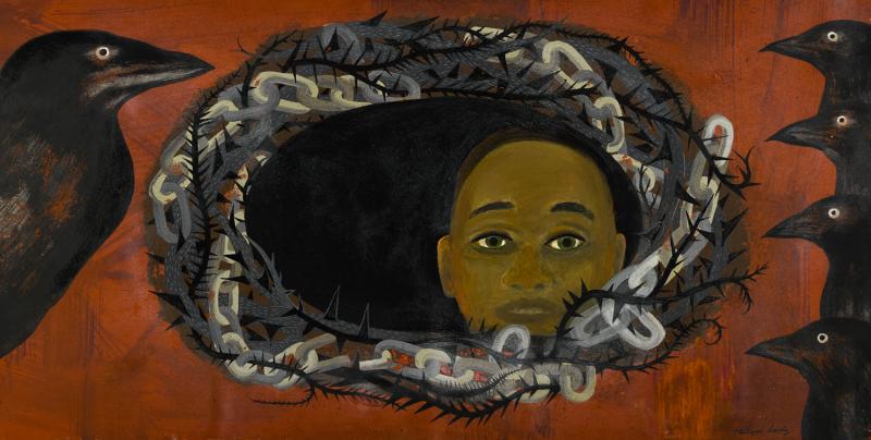 A black boy is show with a wreath around his face and a black crow is on the left.