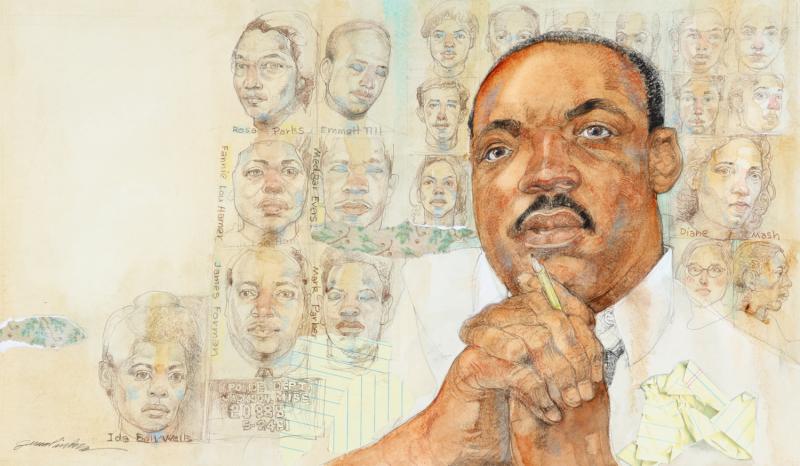 An illustration of Martin Luther King with his chin resting on his hands