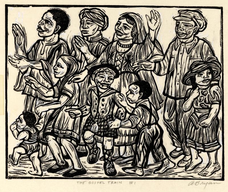 Woodcut of group of worshipers singing.