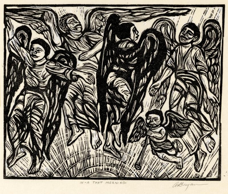 Woodcut of angels flying.