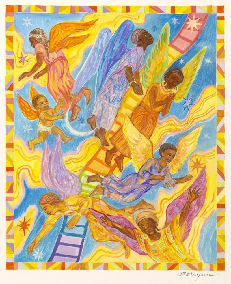 Illustration of angel flying through air with rainbow-colored ladder in sky.