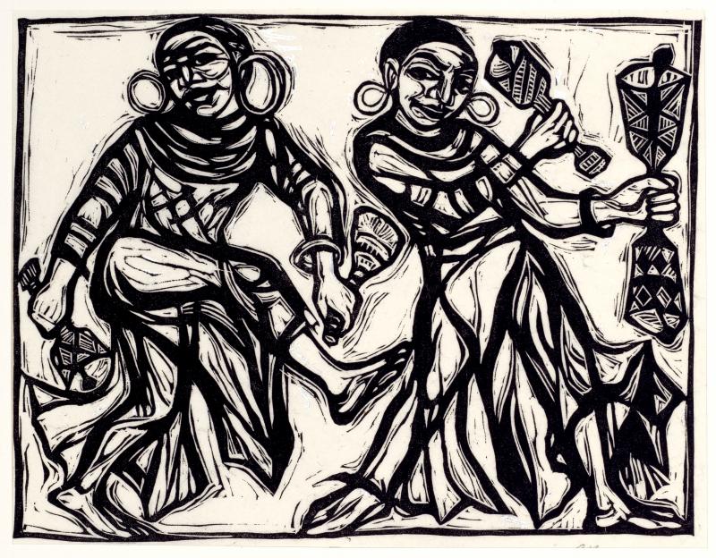Woodcut illustration of two figures dancing with instruments.