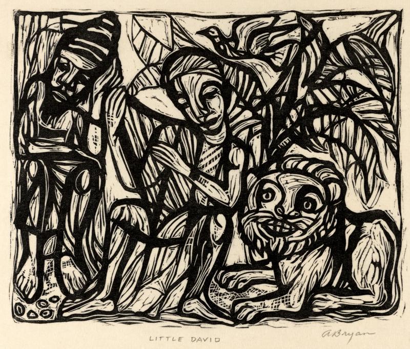 Woodcut of two figures playing instruments with lion seated next to them.