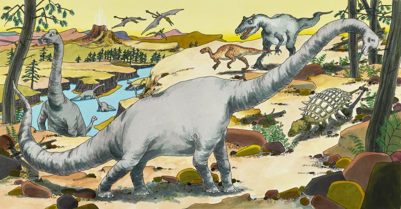 Illustration of Brachiosaurus in landscape.