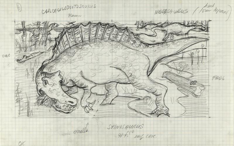 Sketch of Spinosaurus eating fish.