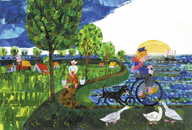 Man riding bicycle with dog through summery landscape.