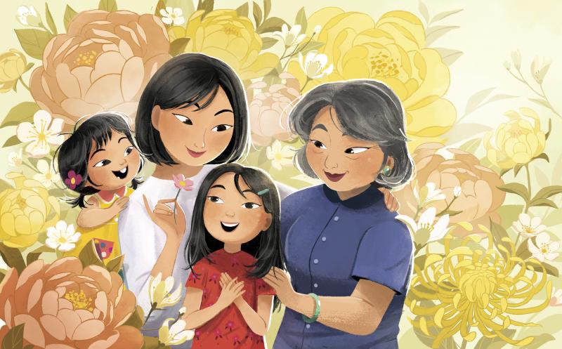 Family hugging in garden.