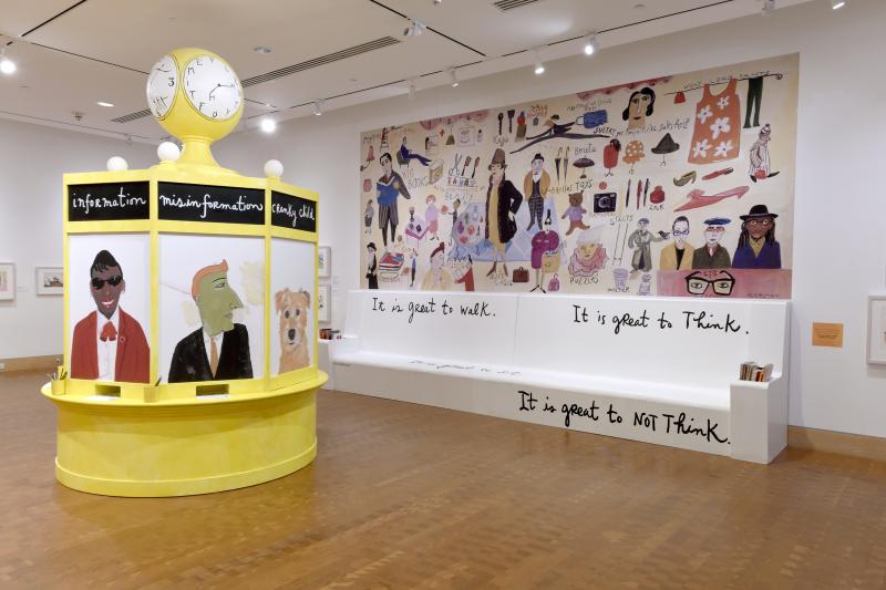 Installation image showing Grand Central kiosk replica and bench.