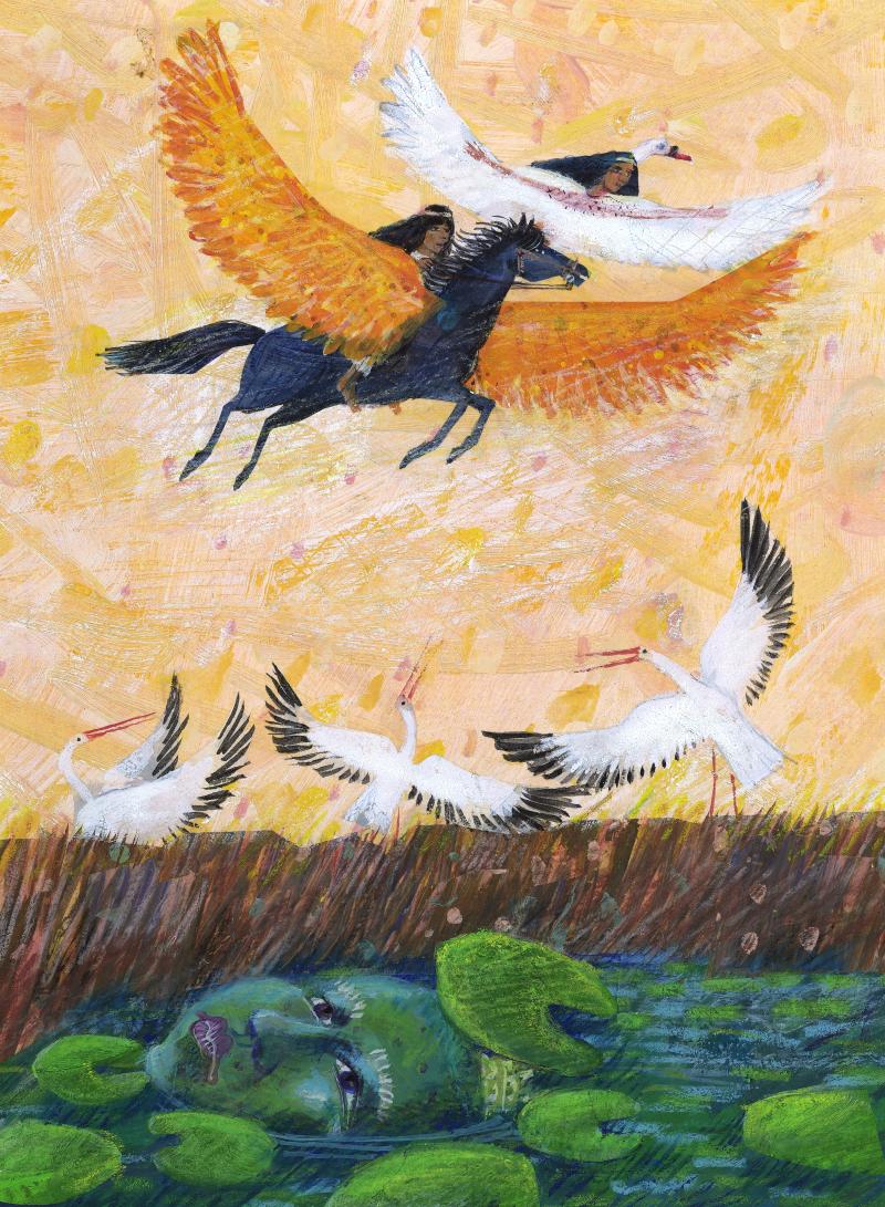 Illustration of crowned princess flying on winged horse.