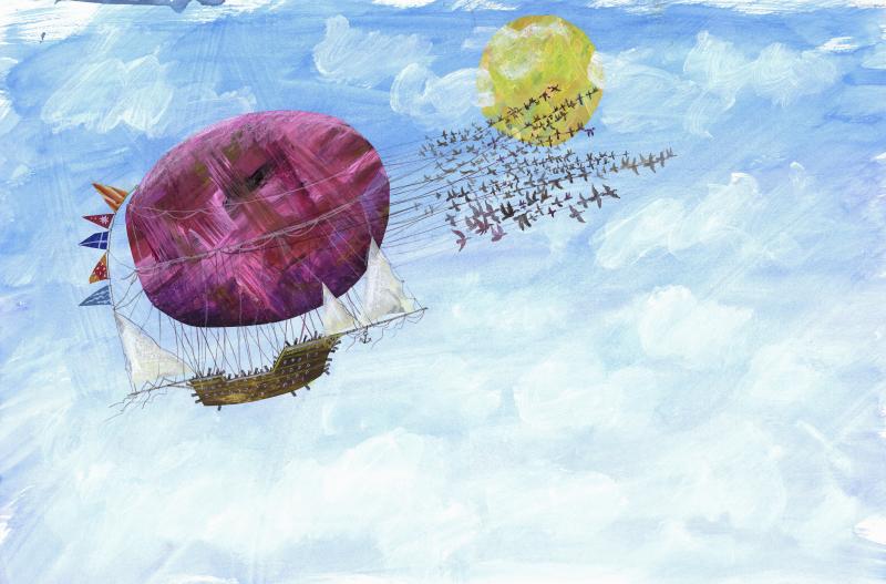 Illustration of balloon ship in sky.