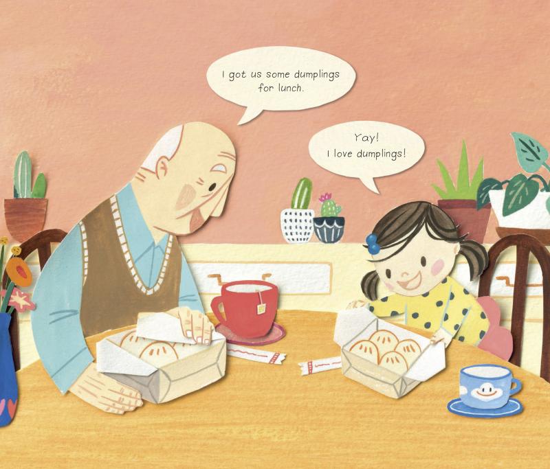 Older man and child talking at table with tea.