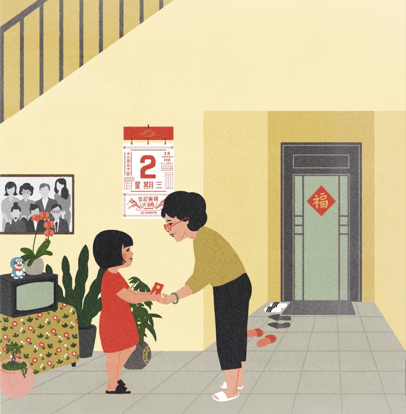 Woman talking to child in entrance to home.