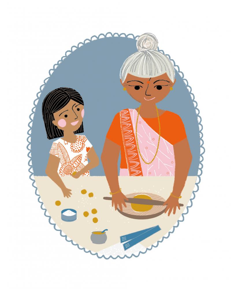 Illustration of woman and child rolling pastries at table.