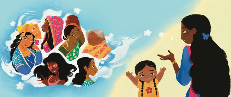 Illustration of woman and child talking about memory.