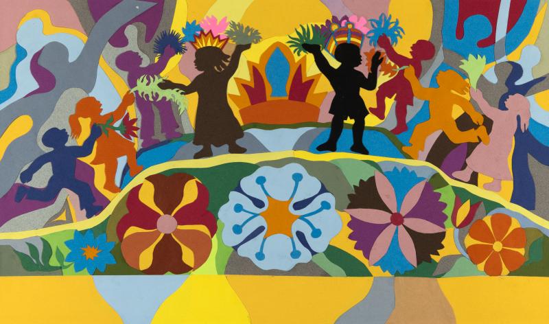 Illustration of silhouetted figures and flowers in brightly colored paper collage.