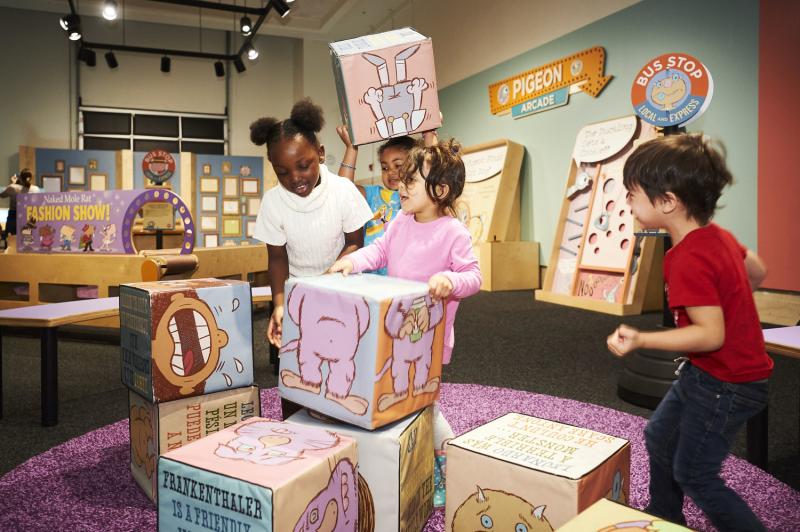 Installation image showing Pigeon-themed interactives.