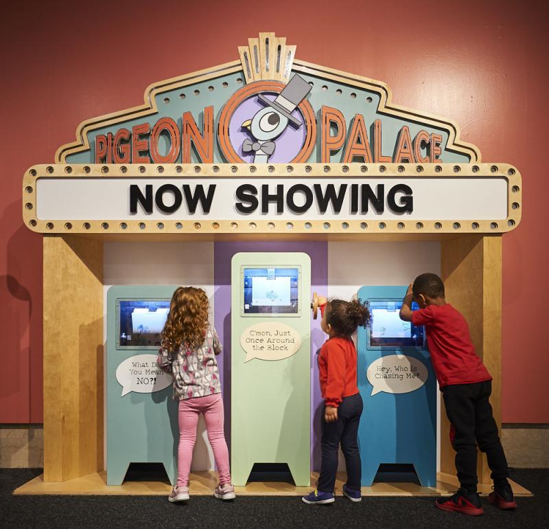 Installation image showing Pigeon-themed interactives.