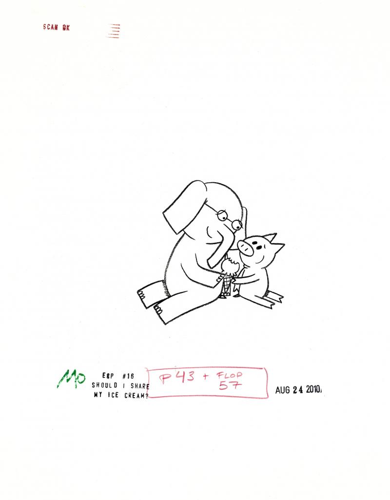 Illustration of Elephant and Piggie sharing ice cream.