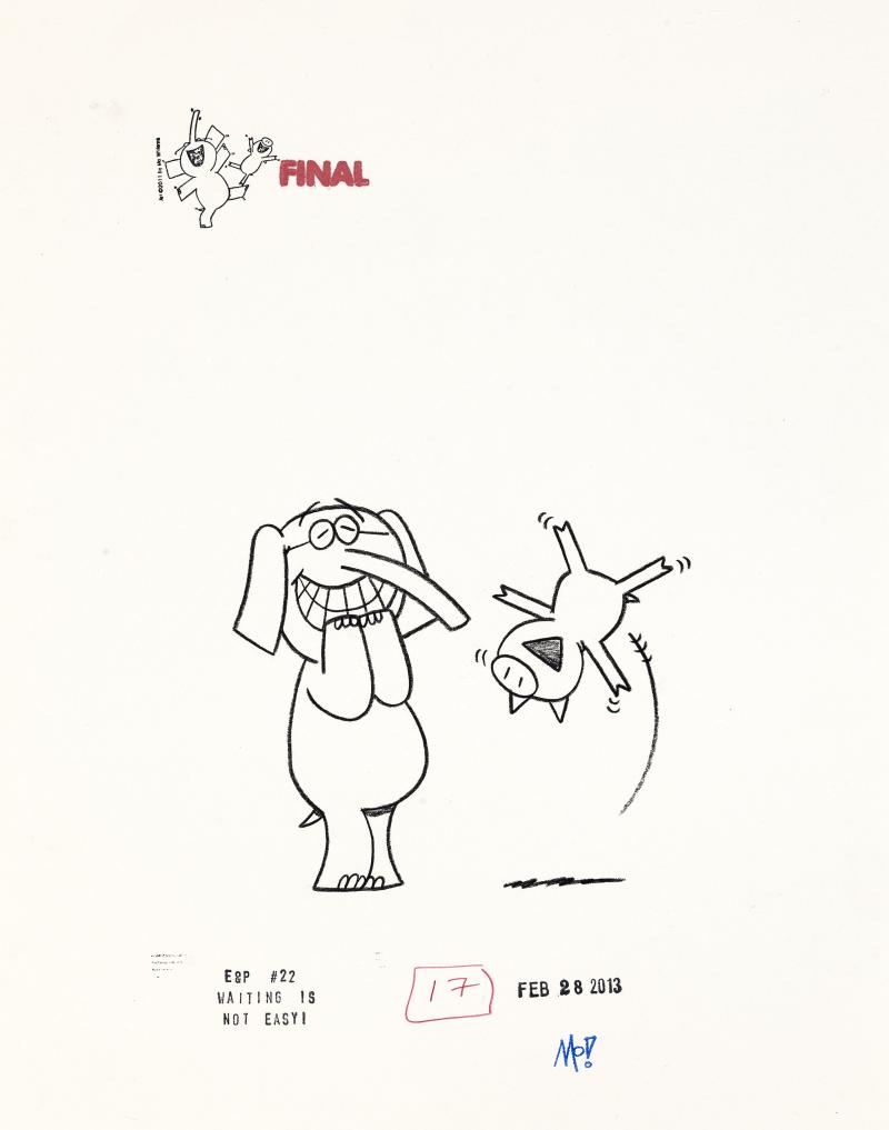 Illustration of Piggie leaping in air and Elephant laughing.