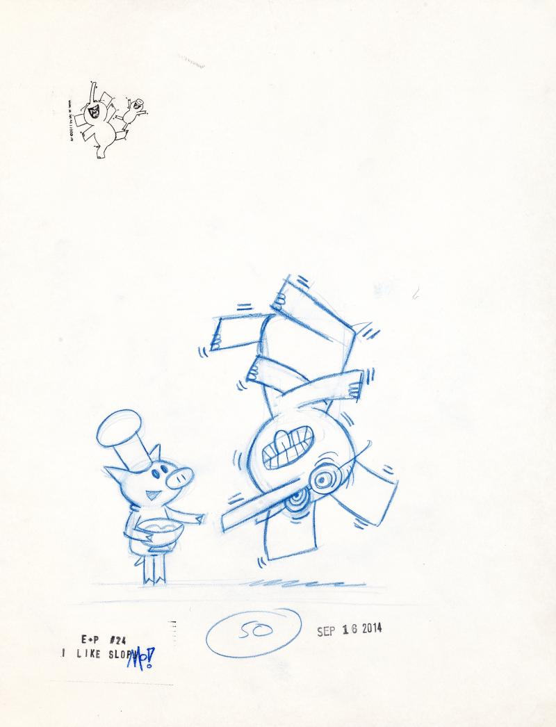 Illustration of Piggie as chef cooking for Elephant.