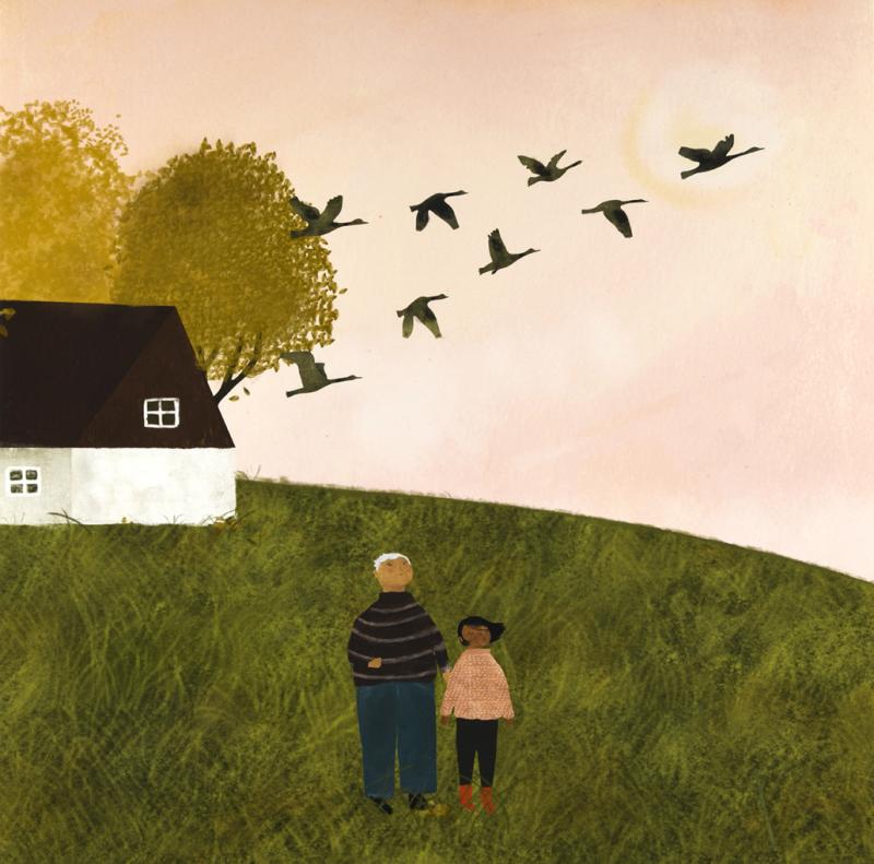 Illustration of child and adult on grassy hill watching geese flying overhead.
