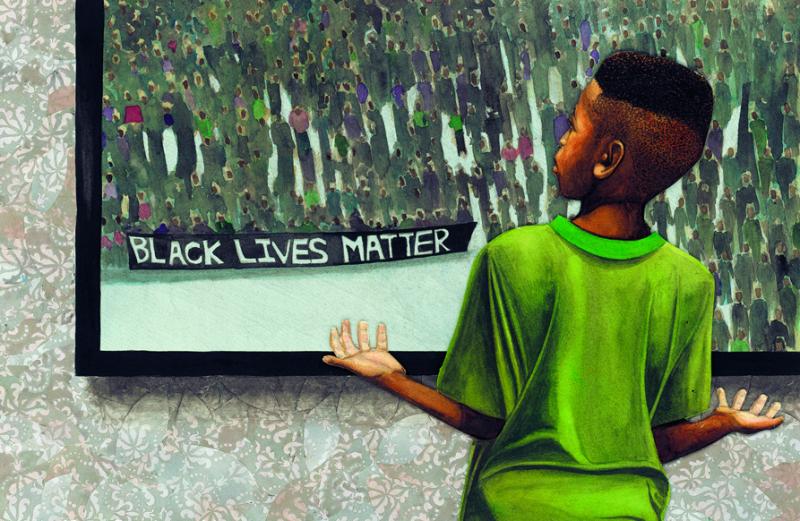 Illustration of boy looking at artwork that says &quot;Black Lives Matter.&quot;