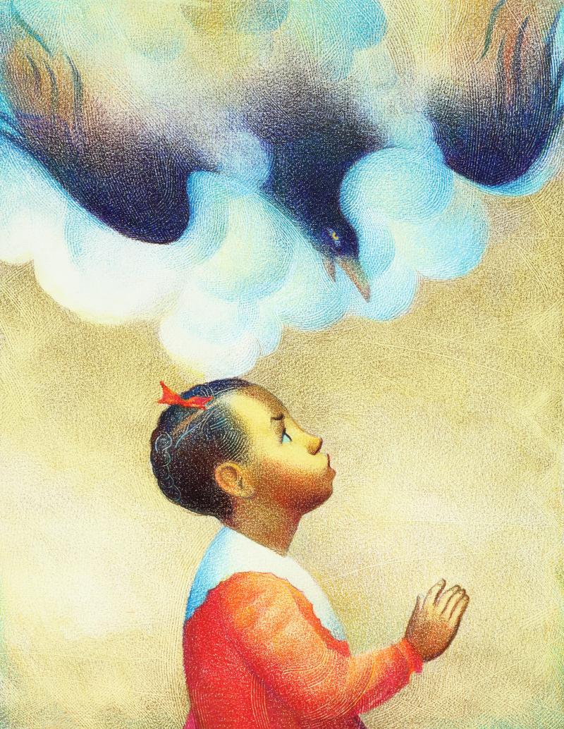 Illustration of child praying with bird flying overhead.