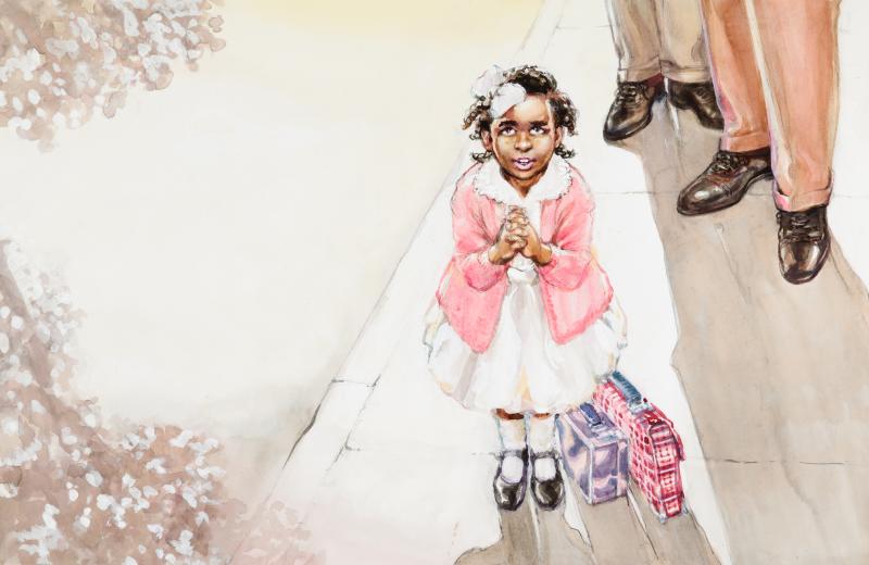 Girl in white dress and pink coat looking up with hands clasped.