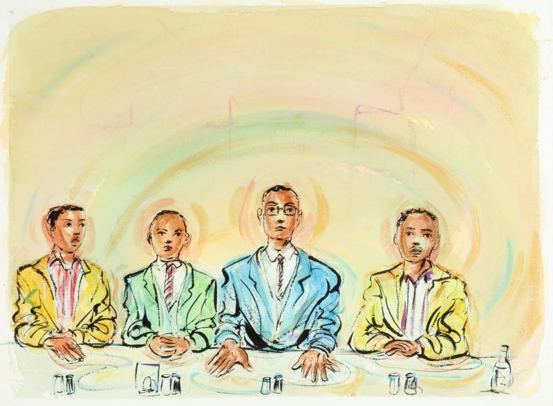 Illustration of four men sitting at a counter.