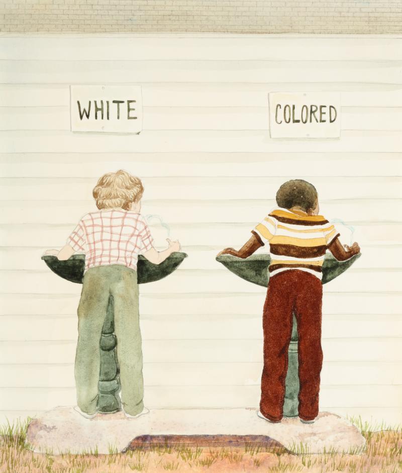 Illustration of two children drinking at water fountains with signs overhead that read &quot;white&quot; and &quot;colored.&quot;