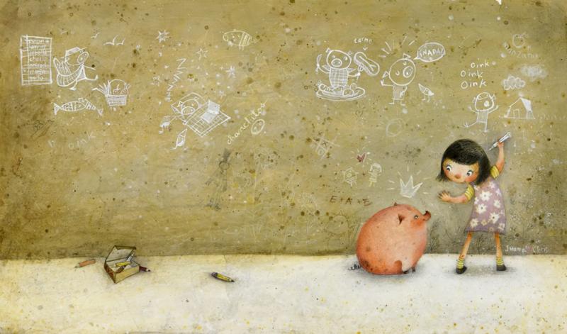 Illustrationu of girl and pig drawing on wall with chalk.