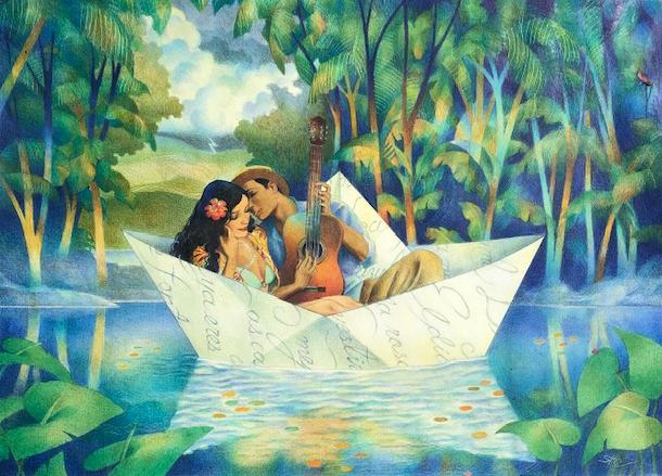 Illustration of couple kissing on paper boat in water.