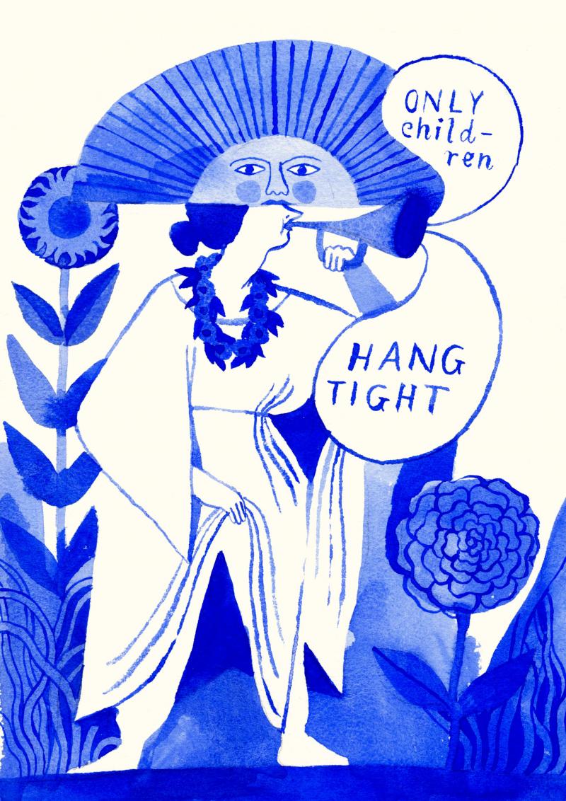 Illustration of woman in toga with horn blowing speech bubbles that read "Only children, hang tight."
