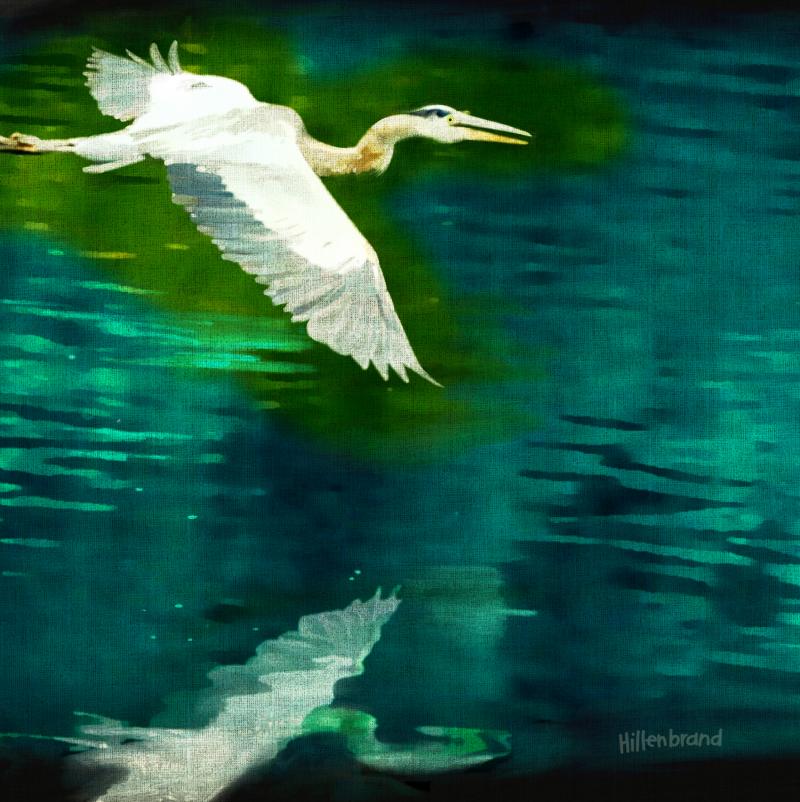 Illustration of heron flying over water.