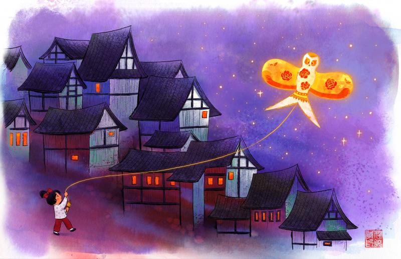 Illustration of girl flying butterfly kite.