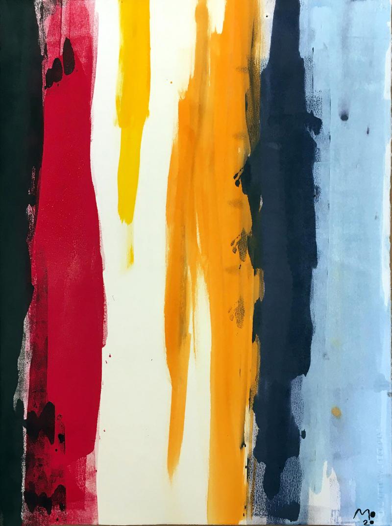 Abstract painting of red yellow, orange, blue, white, and black stripes.