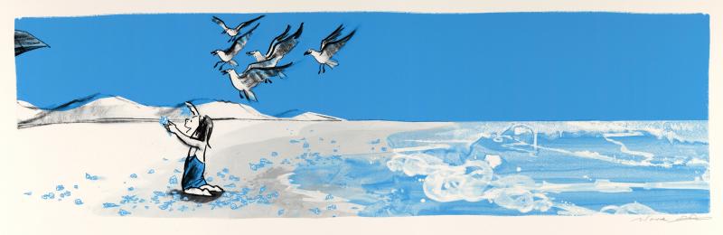 Child playing on seashore with seagulls flying overhead.