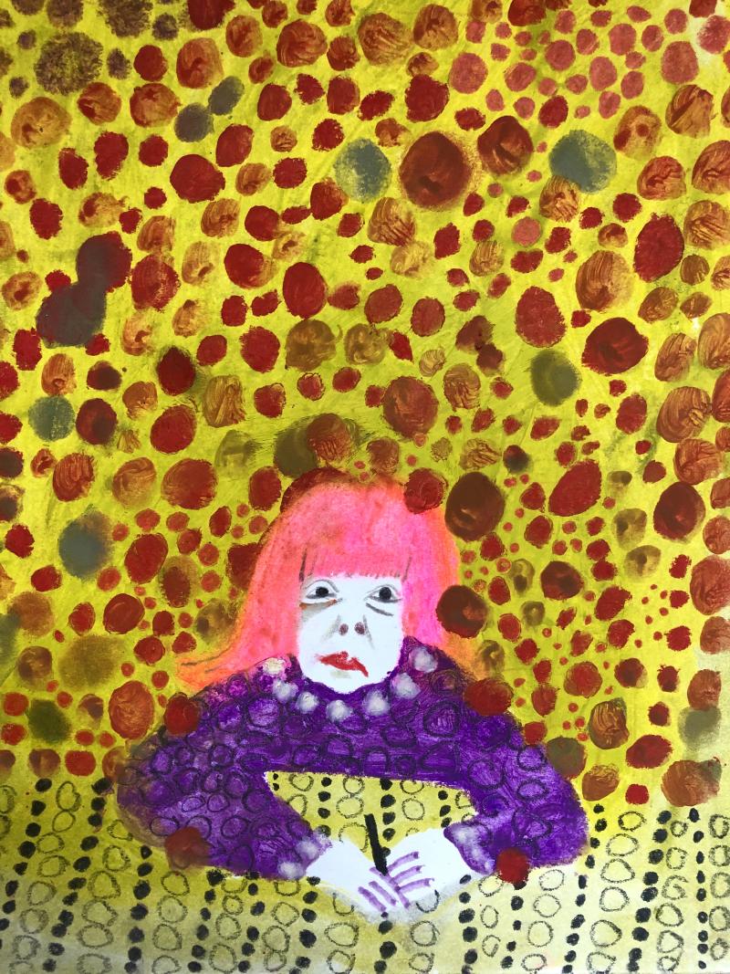 Illustration of Yayoi Kusama sitting against dotted wall.