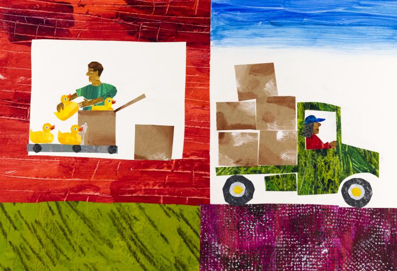 Illustration of rubber ducks being packed and shipped.