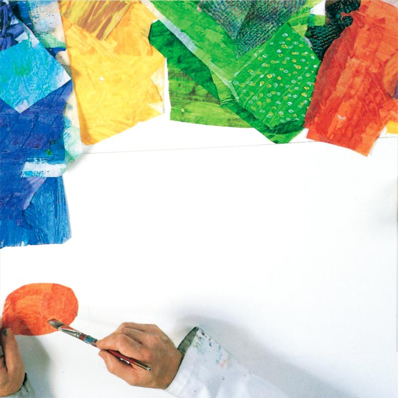 hand with paintbrush applying glue to red tissue paper circle next to white paper and blue yellow, green and red tissue paper